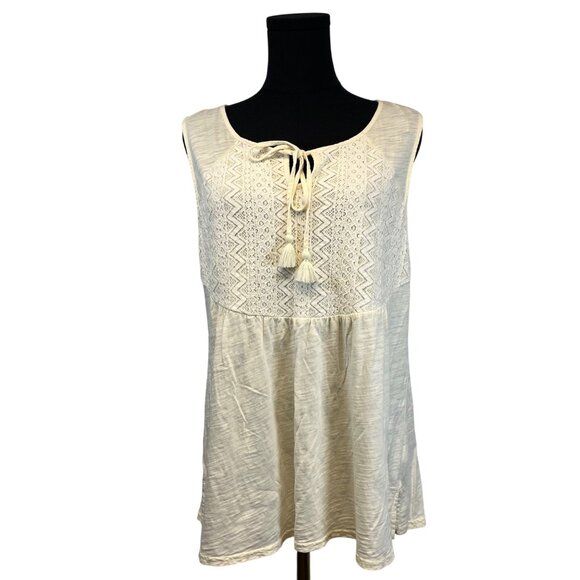 Garnet Hill Tops - Garnet Hill Sleeveless Ivory Tunic Top Size M Cotton Lace Detail, Cottage Boho